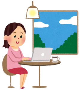 カフェでノートパソコンを使って副業をする人のイラスト
