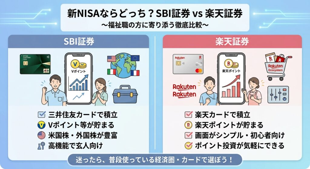新NISAにおけるSBI証券と楽天証券の比較図解（福祉職向け）